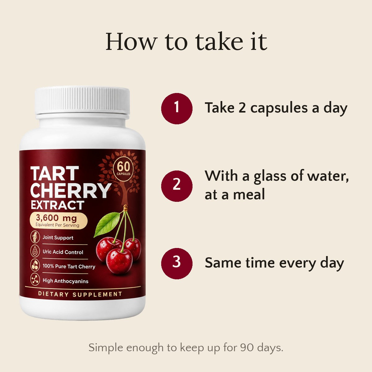 How to take Solabliss: 2 capsules a day, with water, at a meal, same time every day
